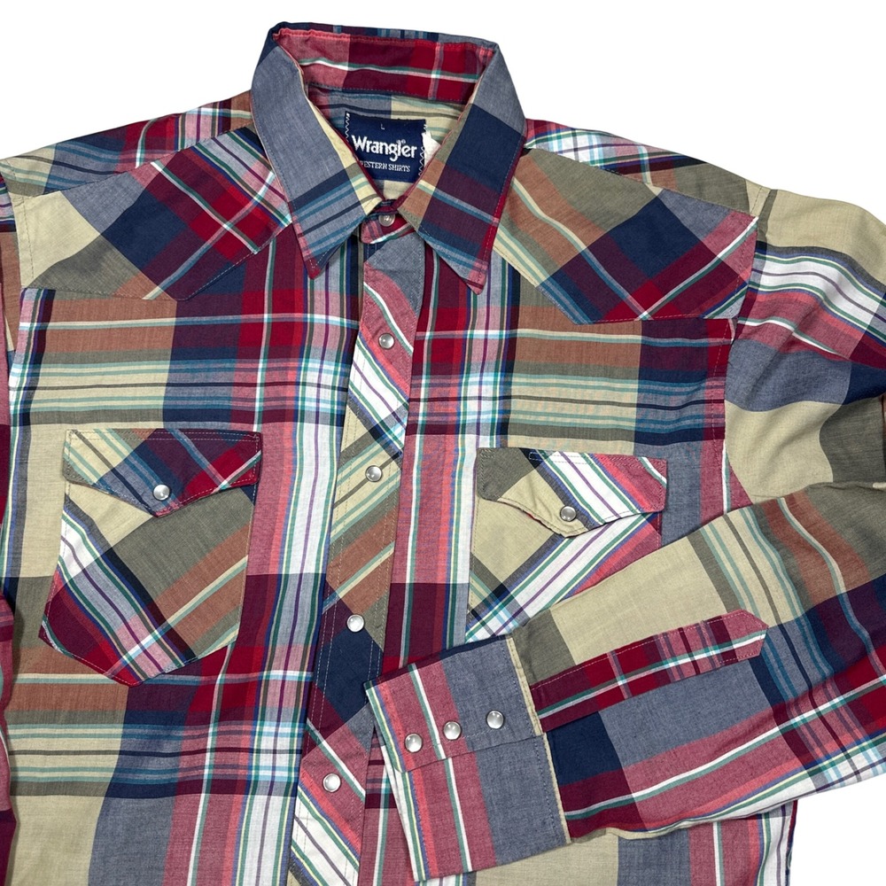 VTG 80s Wrangler Western Shirt Mens L Plaid Pearl Snap Made in USA Long Sleeve